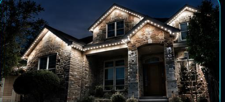 A home lit in warm white along the roofline